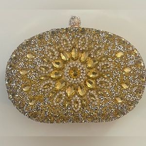 Ramla Handmade Sparkling Gold Simulate Diamond Womens Clutch Handbag